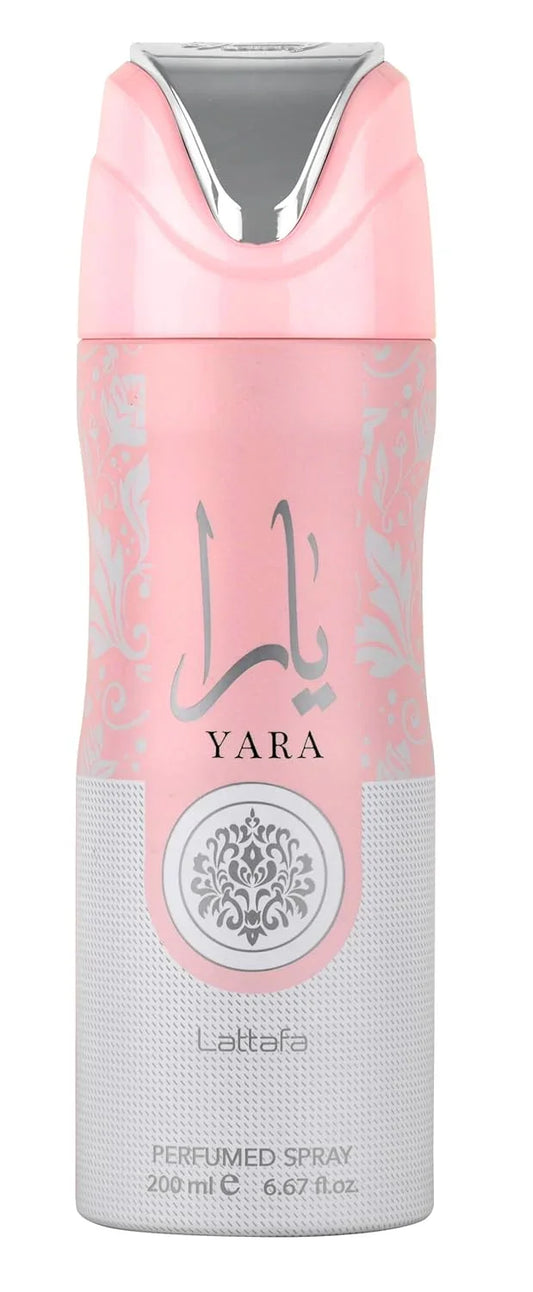 Lattafa Yara pink perfumed body spray 200ml with silver cap and floral design