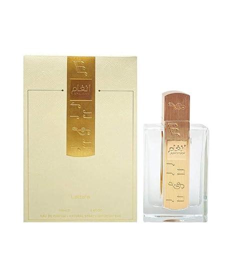 Elegant perfume bottle and box with gold and Arabic script, ideal for fragrance lovers